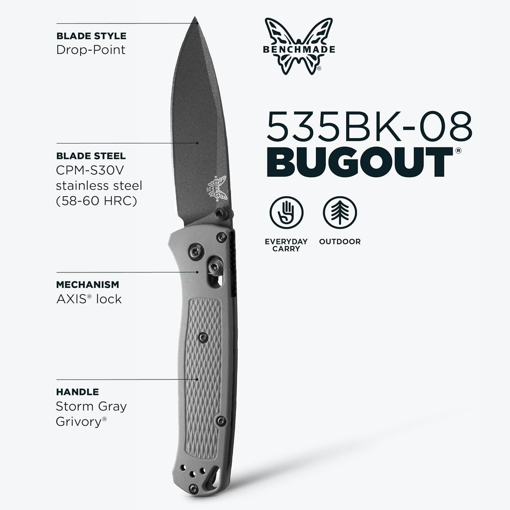 Benchmade - Bugout Outdoor EDC Folding Knife, Slim, Lightweight, Plain Edge, Drop-Point Blade, CPM-S30V Stainless Steel (58-60HRC), Grivory Handle (535BK-08)