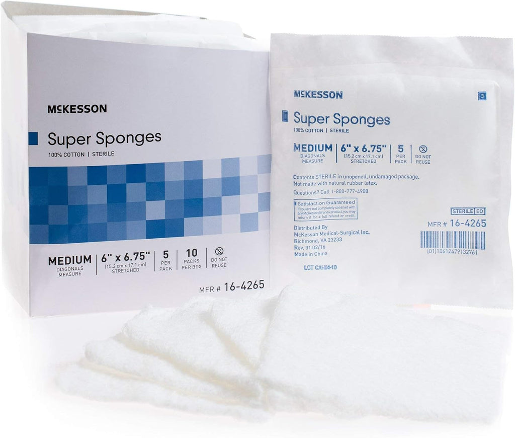 McKesson Super Sponges, Sterile, 100% Cotton, Fluff Dressing, 6 in x 6 3/4in, 5 per Pack, 90 Packs, 450 Total