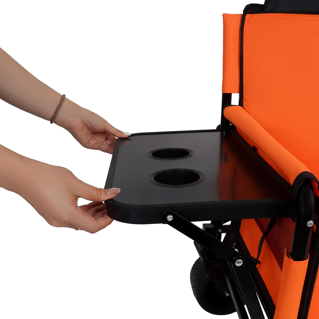 3-in-1 Heavy-Duty Folding Wagon Cart with 500lbs Capacity, All-Terrain Wheels, Rear Folding Tabletop & Bench Seat – Perfect for Camping, Beach, Sports, Garden & Grocery Hauling (Orange)