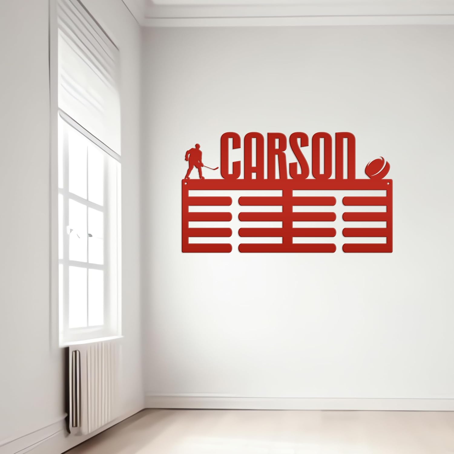 Hockey Medal Holder, Personalized Hockey Metal Awards Rack, Custom Name Sign, Unique Gift Idea, Sports Wall Hanger for Boys or Girls Bedroom (30 x 17 inches)