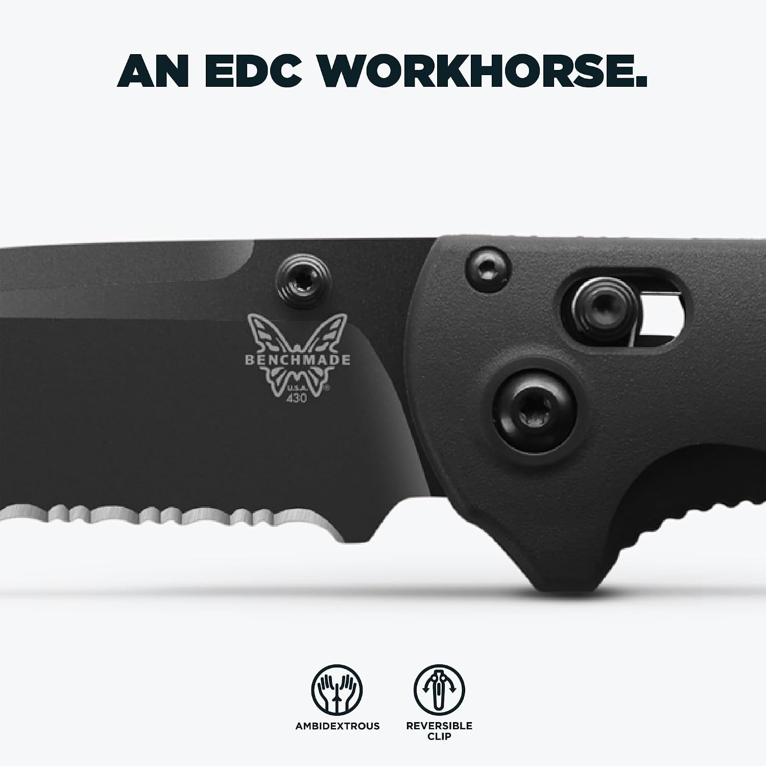 Benchmade - Redoubt Tactical, Every Day Knife, Serrated Edge, Drop-Point Blade with Black Grivory Handle (430SBK-02)