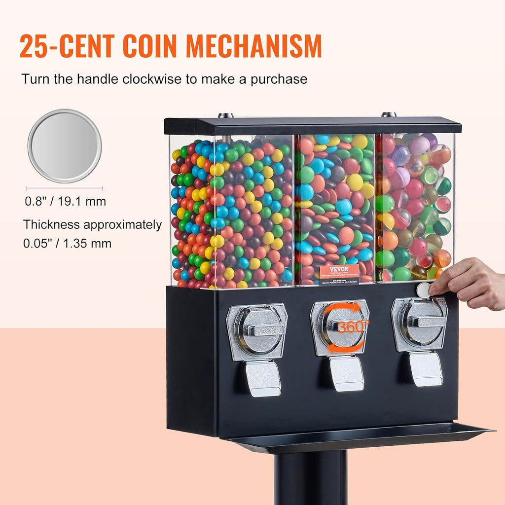 VEVOR Commercial Vending Machine, Triple Compartment Candy Dispenser with Iron Stand, Gumball and Candy Machine for Business, Coin Operated Gumball Bank for Toy Capsules Bouncy Balls Candy Nut, Black