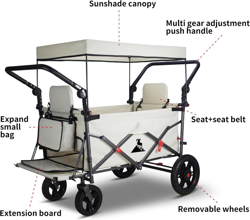 Foldable Wagon with Canopy - Collapsible Utility Cart with 2 Seats & Belts, Adjustable Handle, Expandable Front for Camping, Picnic, Shopping (Beige)