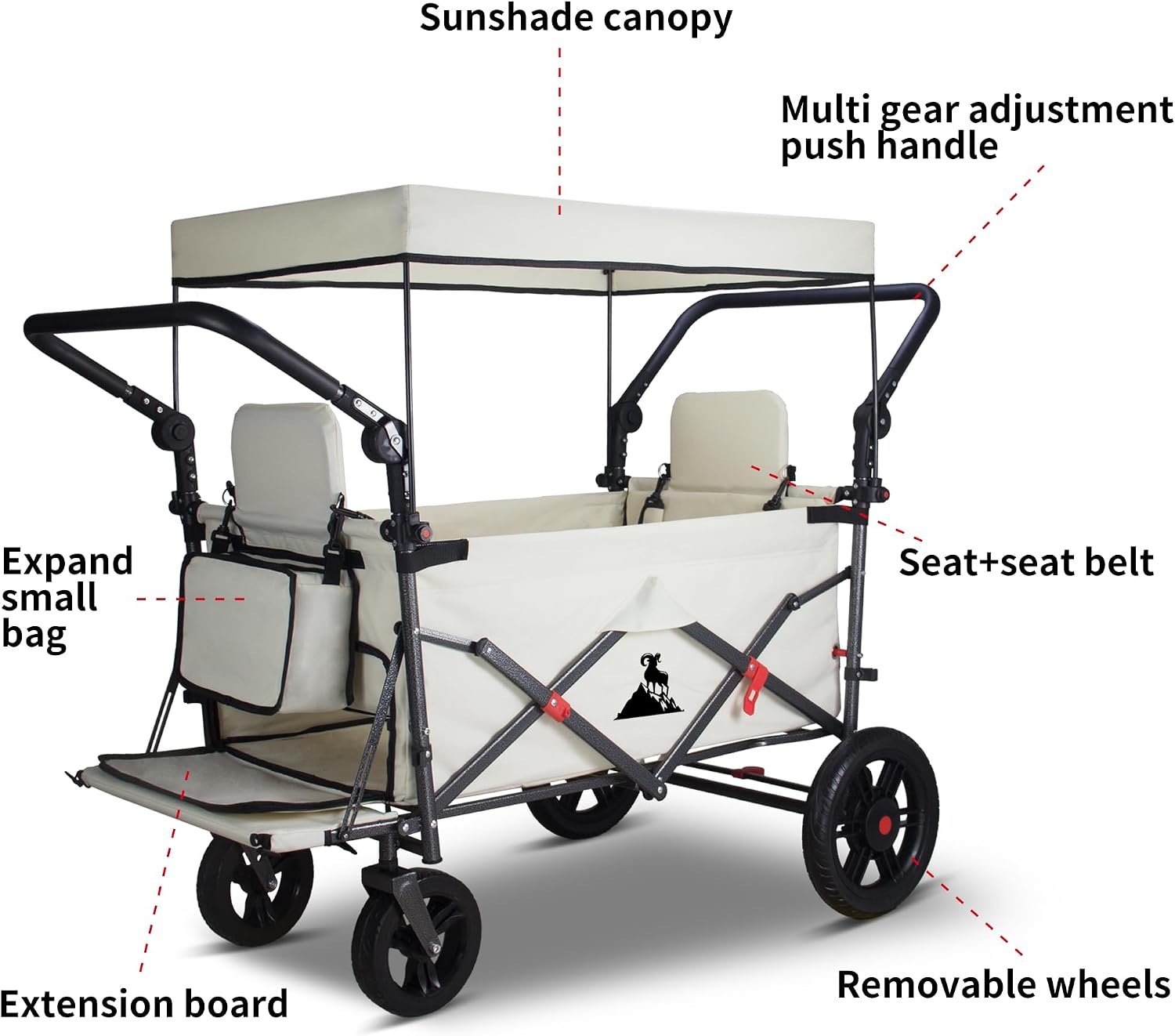 Foldable Wagon with Canopy - Collapsible Utility Cart with 2 Seats & Belts, Adjustable Handle, Expandable Front for Camping, Picnic, Shopping (Beige)