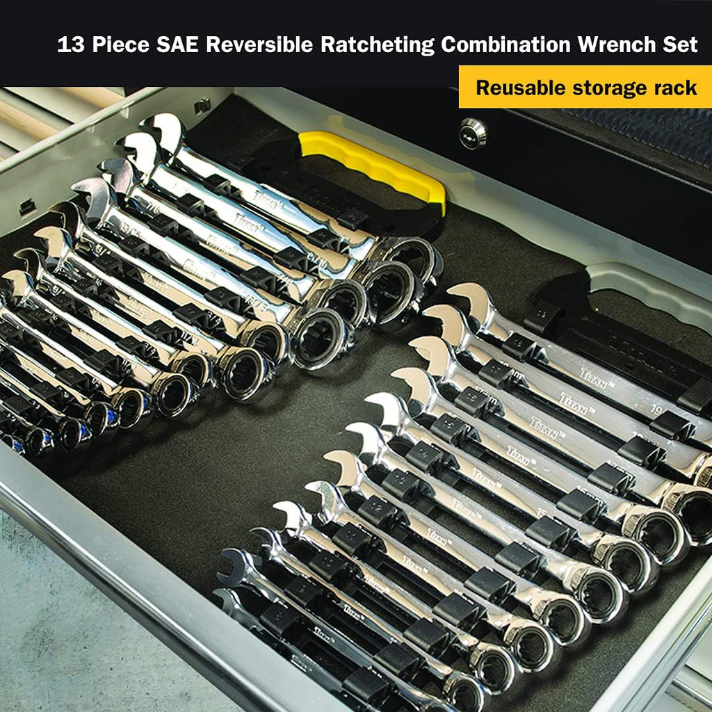 Titan 17364 13-Piece 12 Point 72 Tooth SAE Reversible Ratcheting Combination Wrench Set