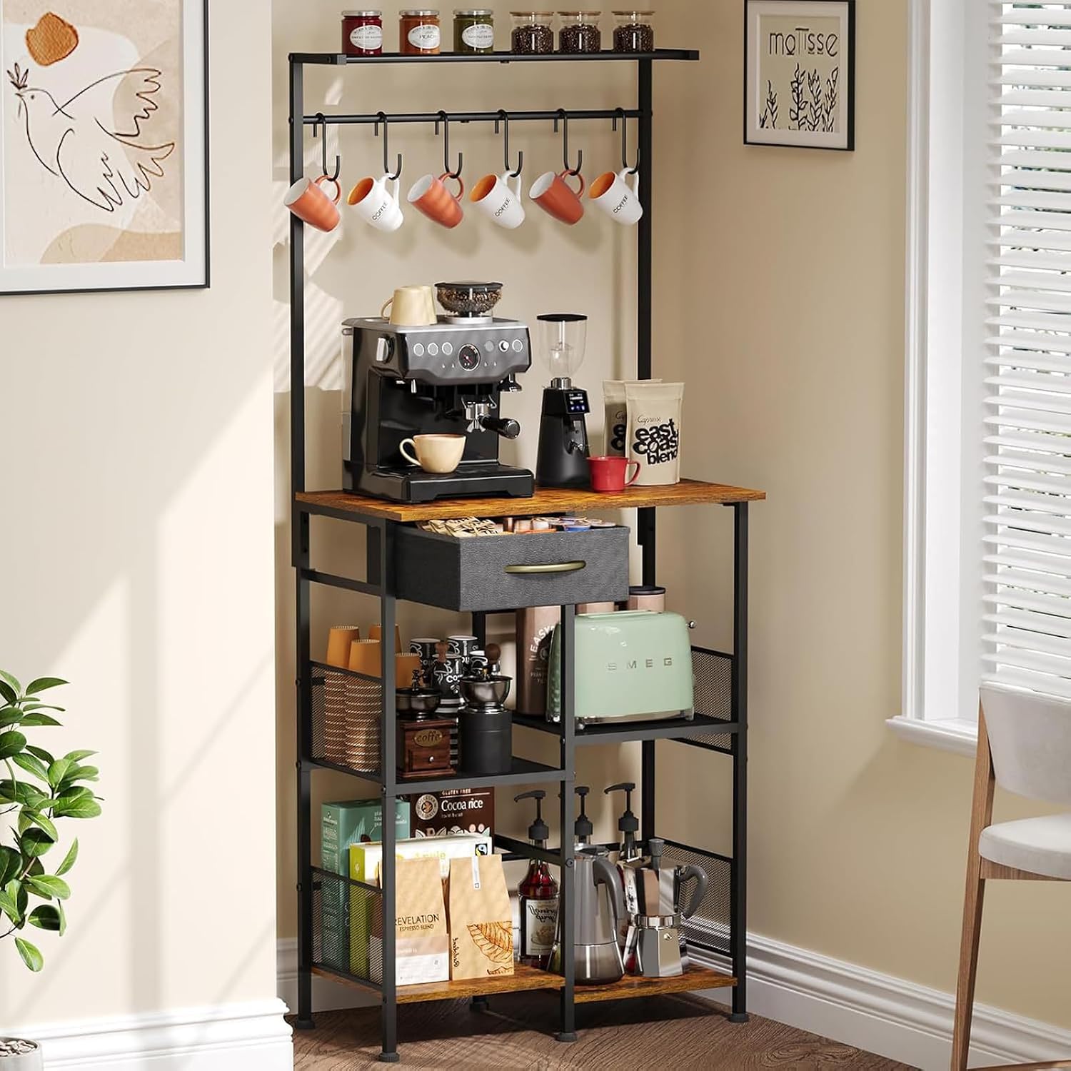 Vertical 5-Storey Kitchen Baker's Rack Storage Rack, Household Microwave Oven Rack with Drawers and Six Hooks for Spices, Pots,A