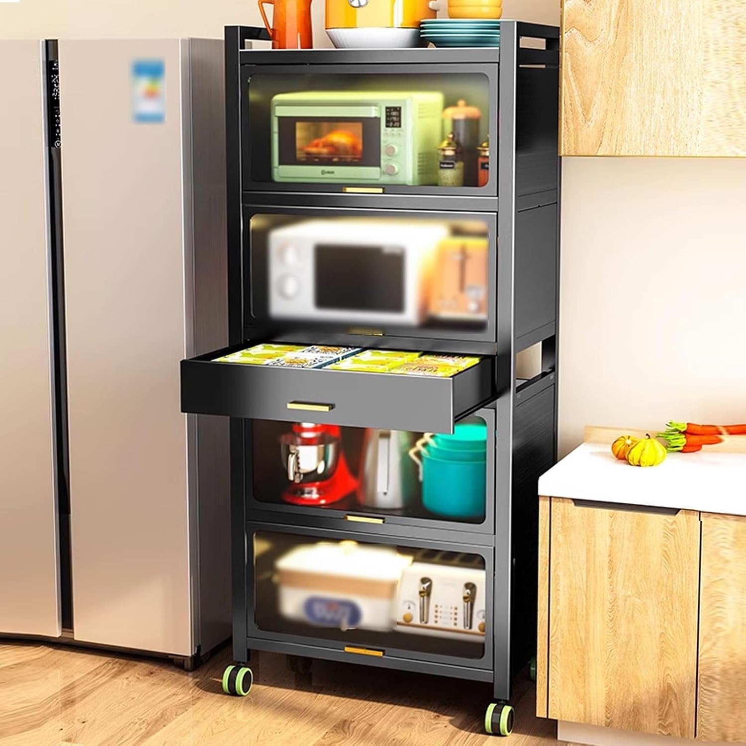 Bakers Rack with Storage Cabinet Kitchen Shelf Organizer and Storage with Drawer with Rolling Wheels, for Spices, Pots and Pans(Black,60 * 40 * 90.6cm)