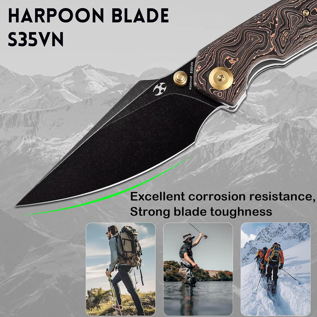 KANSEPT Fenrir Pocket Knife, 3.48' Blackwash CPM S35VN Harpoon Blade, Titanium Handle Copper Carbon Fiber Inlay, Thumb Stud & Liner Lock with Deep Clip EDC Knives for Camping Hunting Survival K1034A9