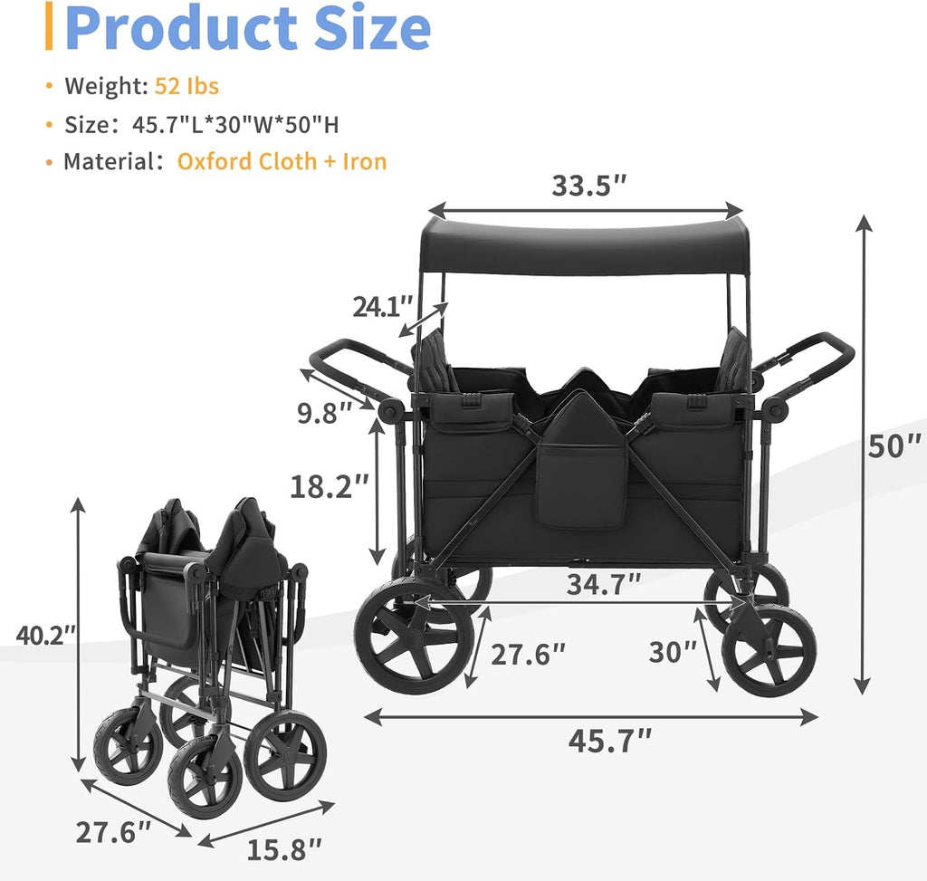 Stroller Wagon for 4 Kids, 4 Seater Wagon Stroller Featuring 4 High Seat with 5-Point Harnesses and Adjustable Canopy, Foldable Double Push Bar Wagon Stroller 4 Seater for Garden, Camping (Black)