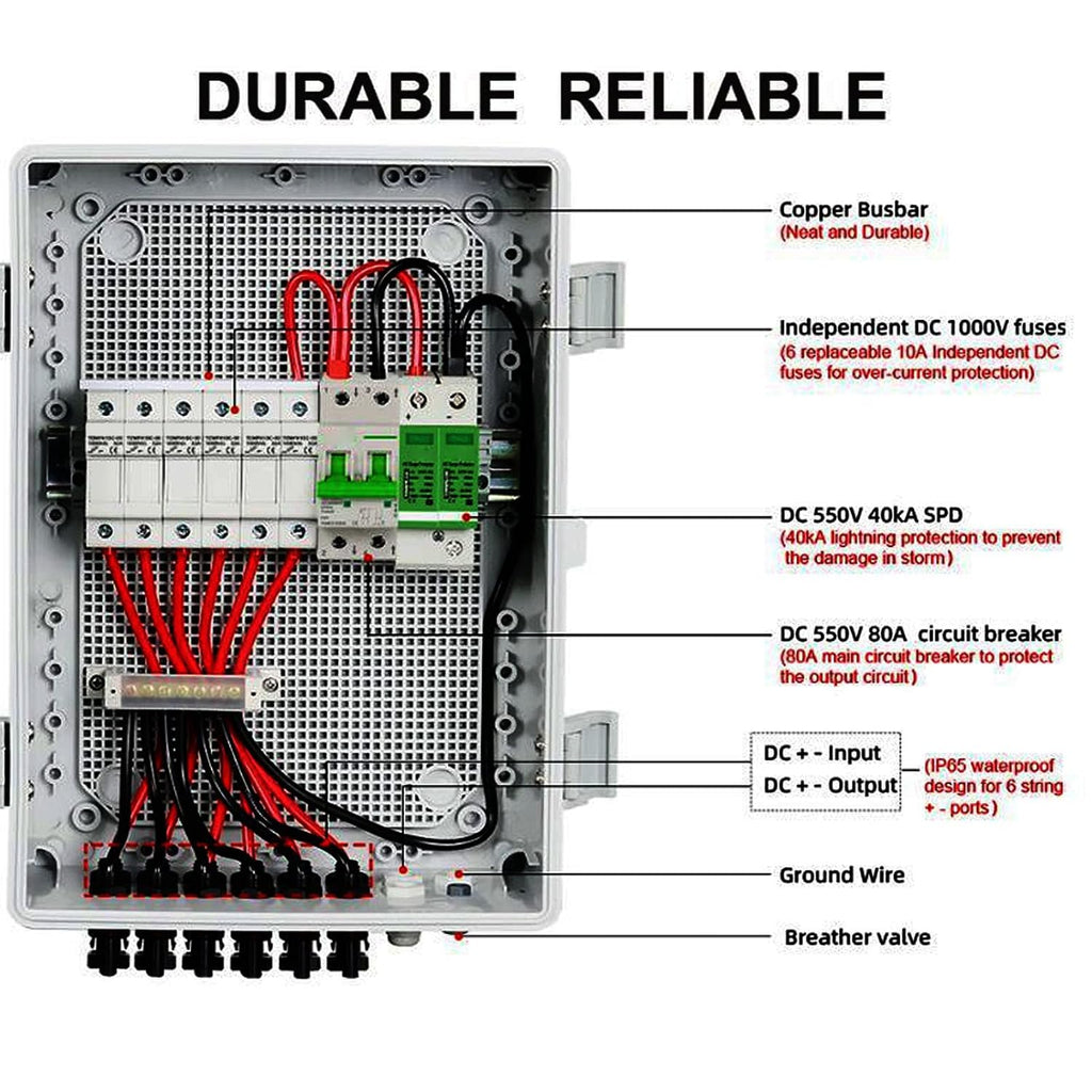 Solar Combiner Box 8 String 80A Circuit Breaker IP65 Outdoor Rated for Off Grid PV System Panel Power Distribution