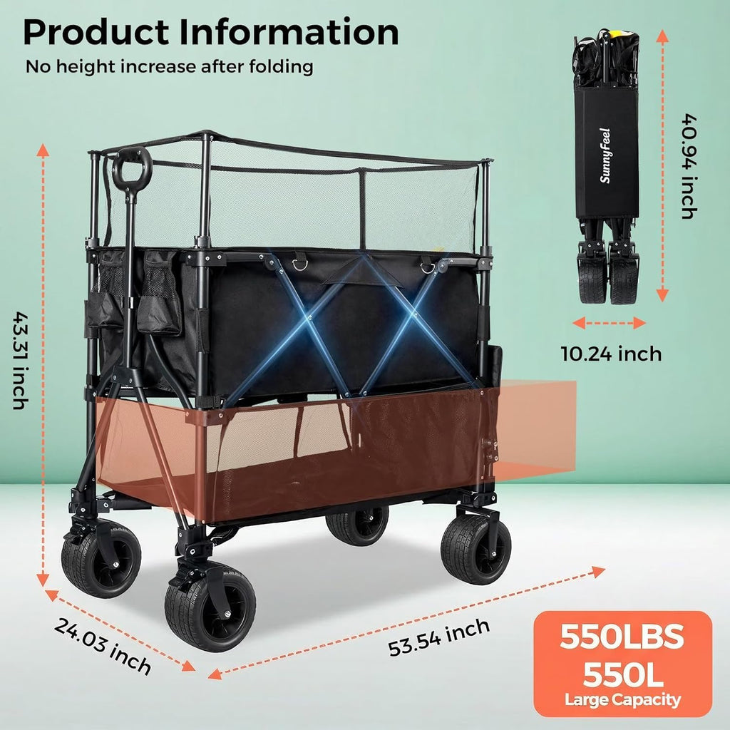 SUNNYFEEL 550L Large Capacity Double Decker Wagon, 550LBS Heavy Duty Collapsible Sports Wagon, Extra High Extender Wagon Cart with Tailgate, All-Terrain Big Wheels for Camping Fishing Beach, Black