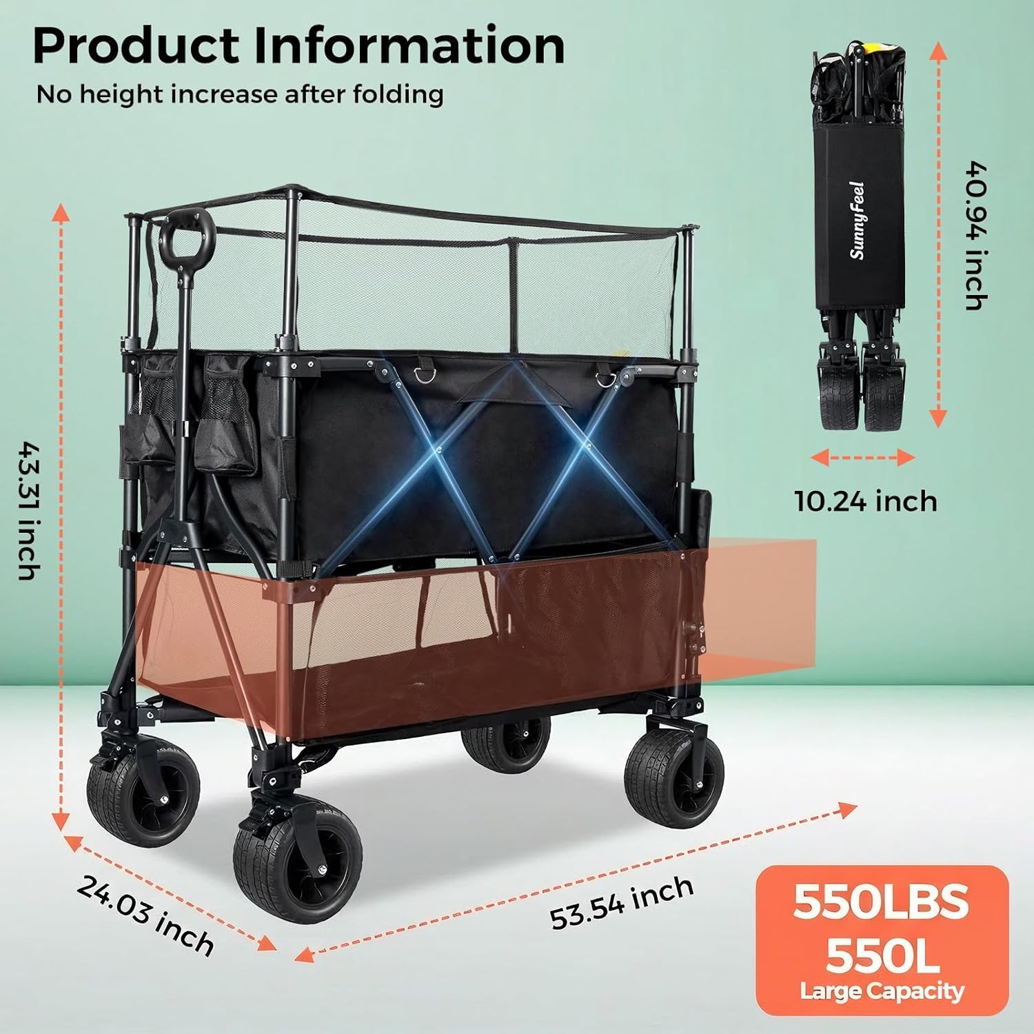 SUNNYFEEL 550L Large Capacity Double Decker Wagon, 550LBS Heavy Duty Collapsible Sports Wagon, Extra High Extender Wagon Cart with Tailgate, All-Terrain Big Wheels for Camping Fishing Beach, Black