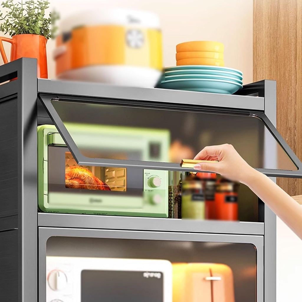 Bakers Rack with Storage Cabinet Kitchen Shelf Organizer and Storage with Drawer with Rolling Wheels, for Spices, Pots and Pans(Black,60 * 40 * 135.4cm)