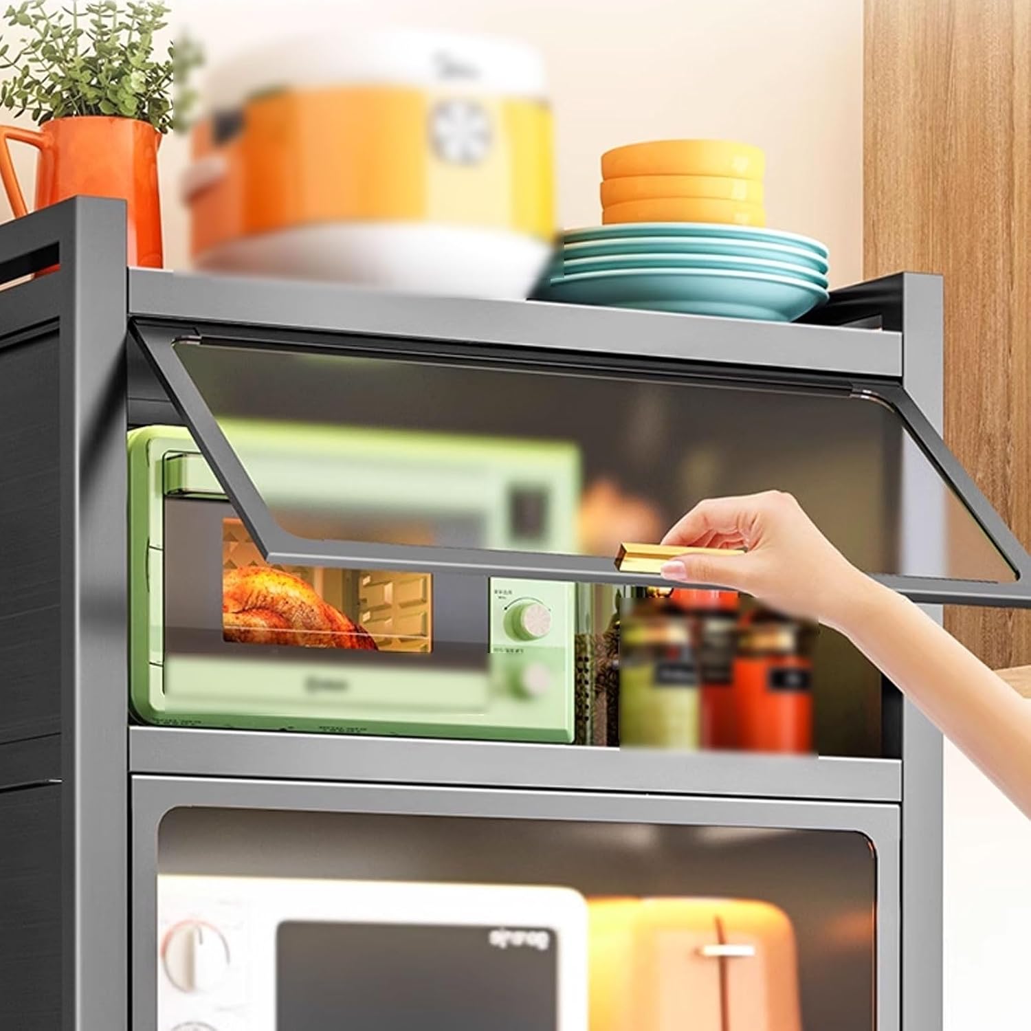 Bakers Rack with Storage Cabinet Kitchen Shelf Organizer and Storage with Drawer with Rolling Wheels, for Spices, Pots and Pans(Black,60 * 40 * 135.4cm)