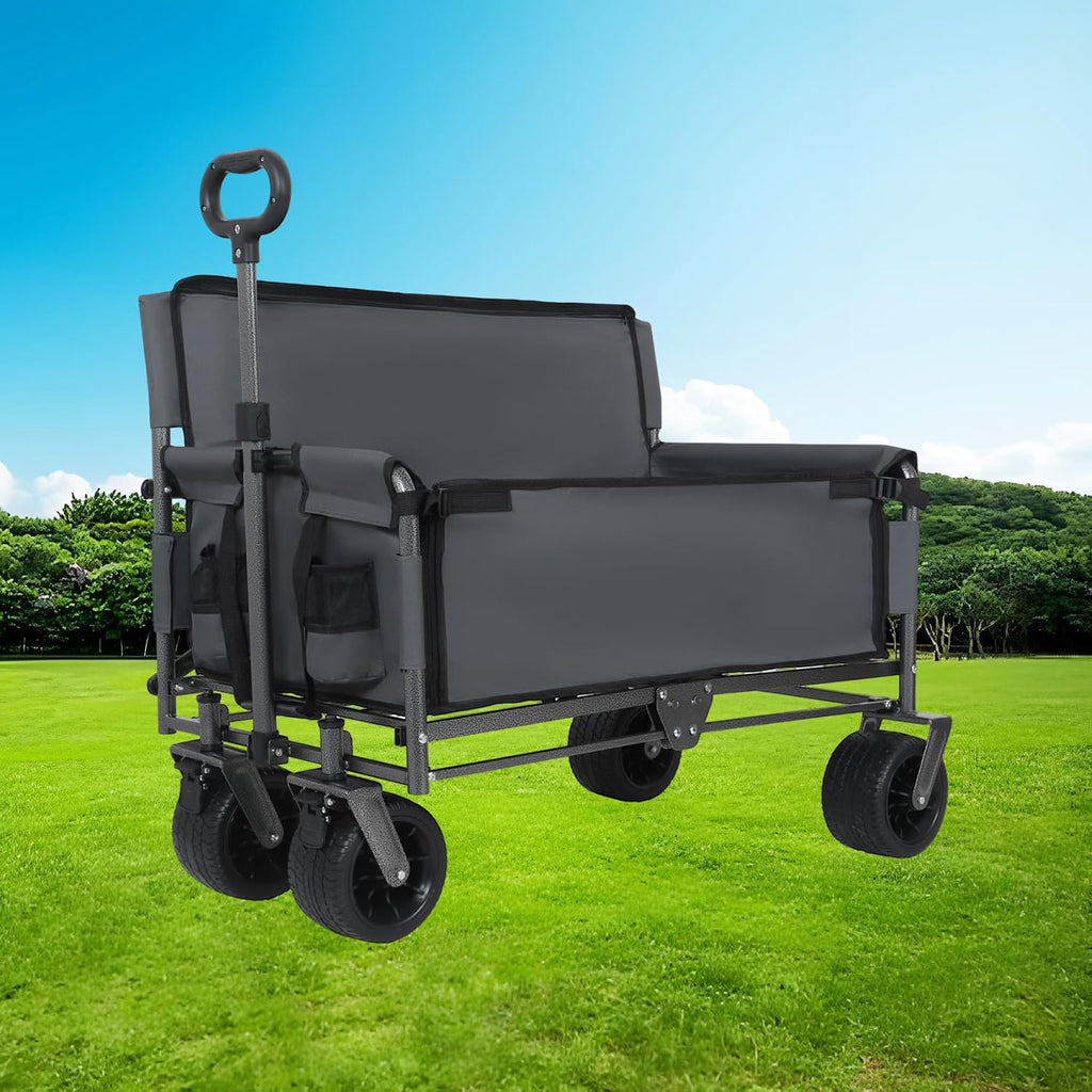 3-in-1 Convertible Folding Wagon Cart with Bench Seat & Storage, Wagon Bench, 550lbs/220L Heavy-Duty Utility Wagon, 180L Capacity All-Terrain Wheels (Grey)
