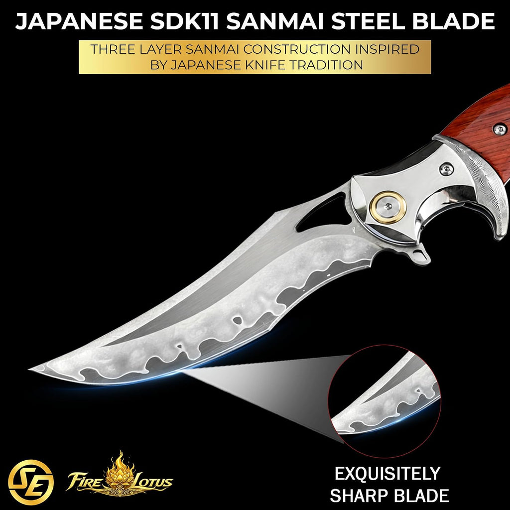 SliceElite Fire Lotus Precision Premium Folding Knife Japanese Sanmai Steel Blade Cocobolo Wood Handle Smooth Action EDC Pocket Knife Fathers Day Gift For Men Luxury Collector Heirloom Craftsmanship