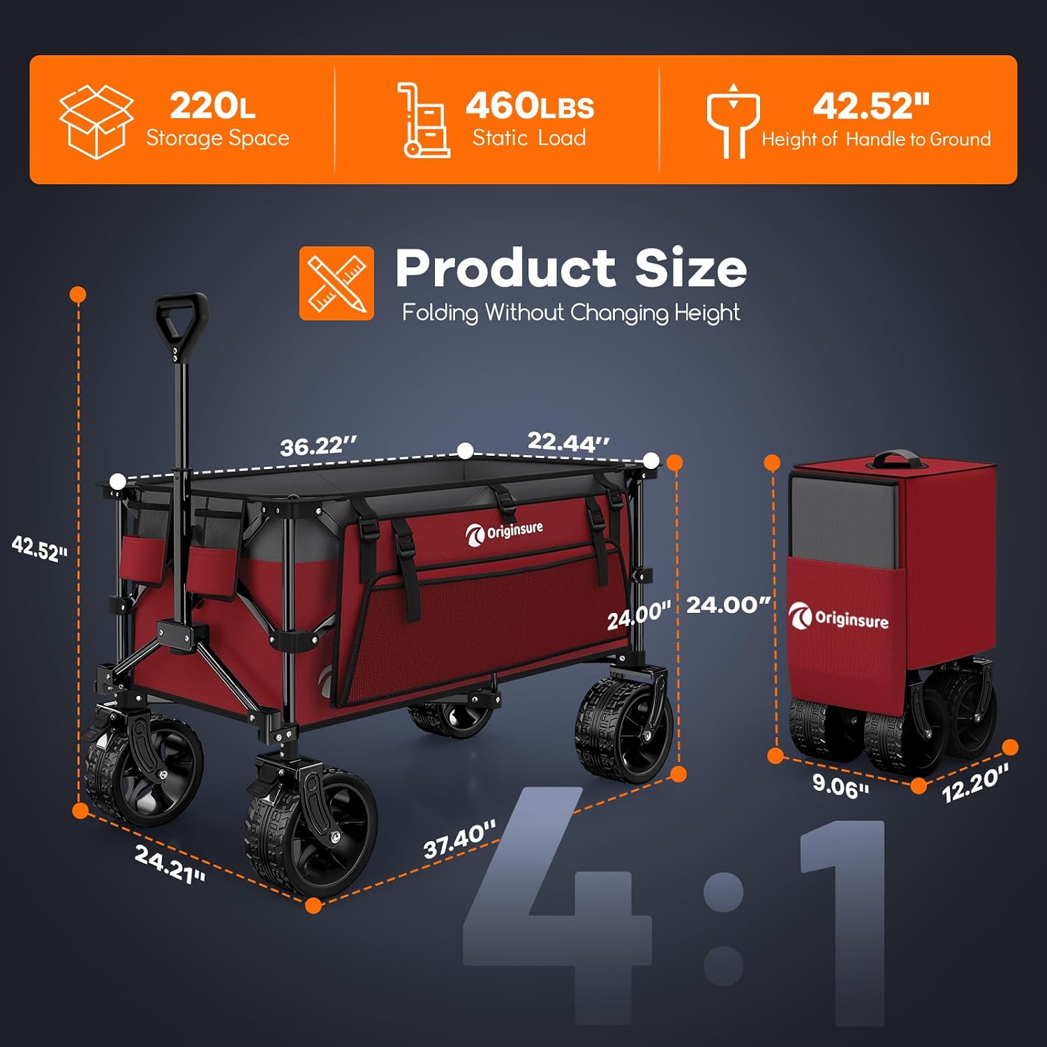Originsure 220L Collapsible Wagon Cart Foldable, 460lbs Load Capacity Heavy Duty Folding Beach Wagons with Big All-Terrain Wheels, Utility Carts for Groceries, Camping, Sports - Grey&Burgundy