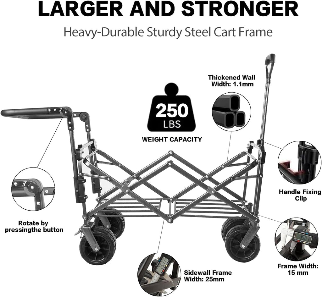 All Terrain Collapsible Wagon Cart with Big Wheels, 350 Pound Capacity Heavy Duty Enlarged Utility Folding Beach Garden Wagon Cart with Brake & Adjustable Handle for Outdoor Camping Shopping Red