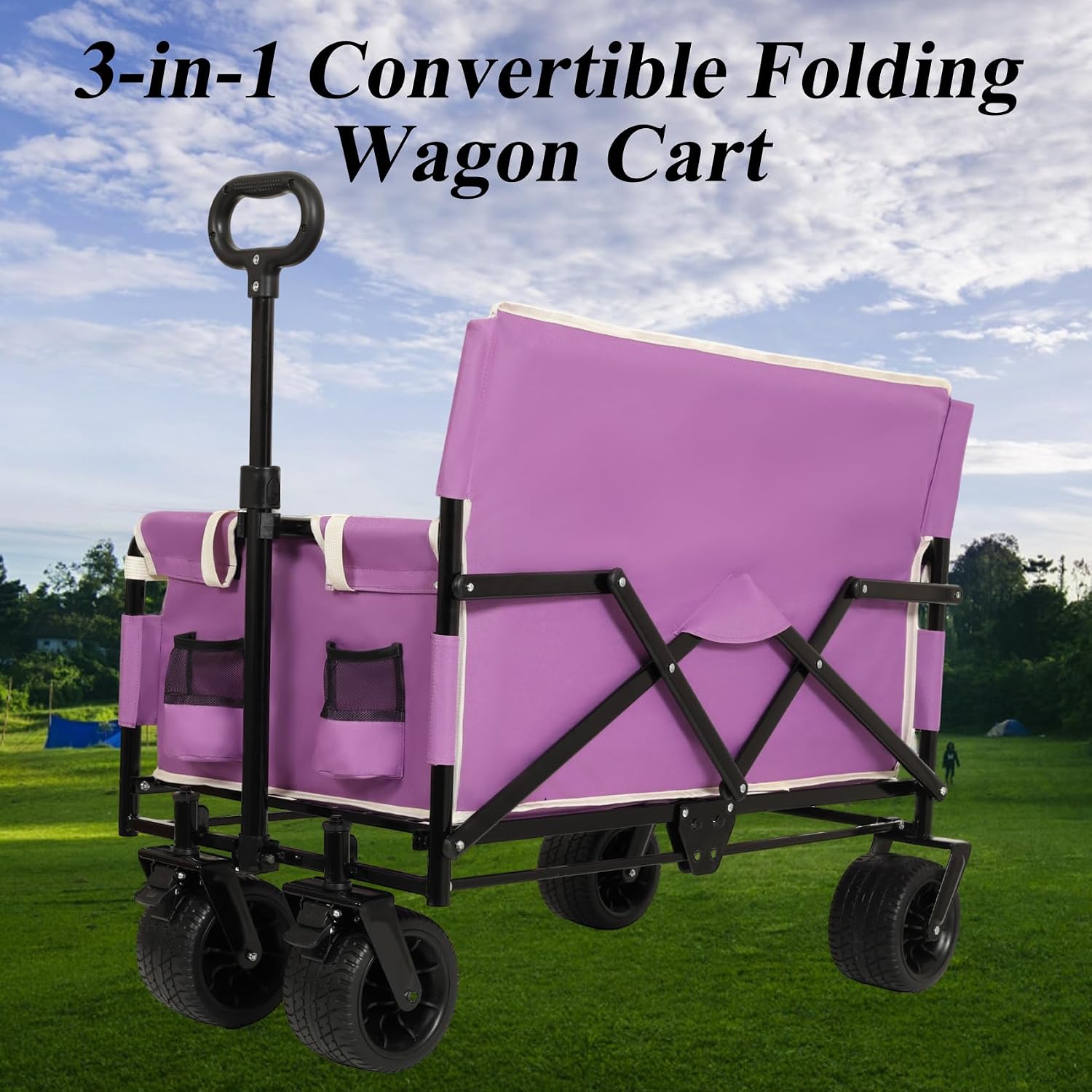 Convertible Folding Wagon Cart, 500lbs Heavy-Duty Utility Wagon with Bench Seat & Storage, 180L Capacity, All-Terrain Wheels for Camping, Beach, Sports, Garden