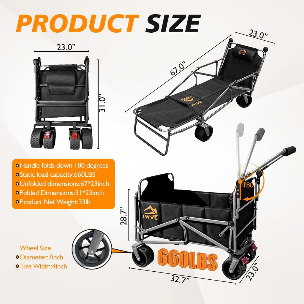 Heavy Duty Folding Wagon Cart 660 lb Capacity, 3-in-1 Collapsible Utility Wagon with Adjustable Handle and All-Terrain Wheels for Camping, Beach, Grocery, Outdoor Use