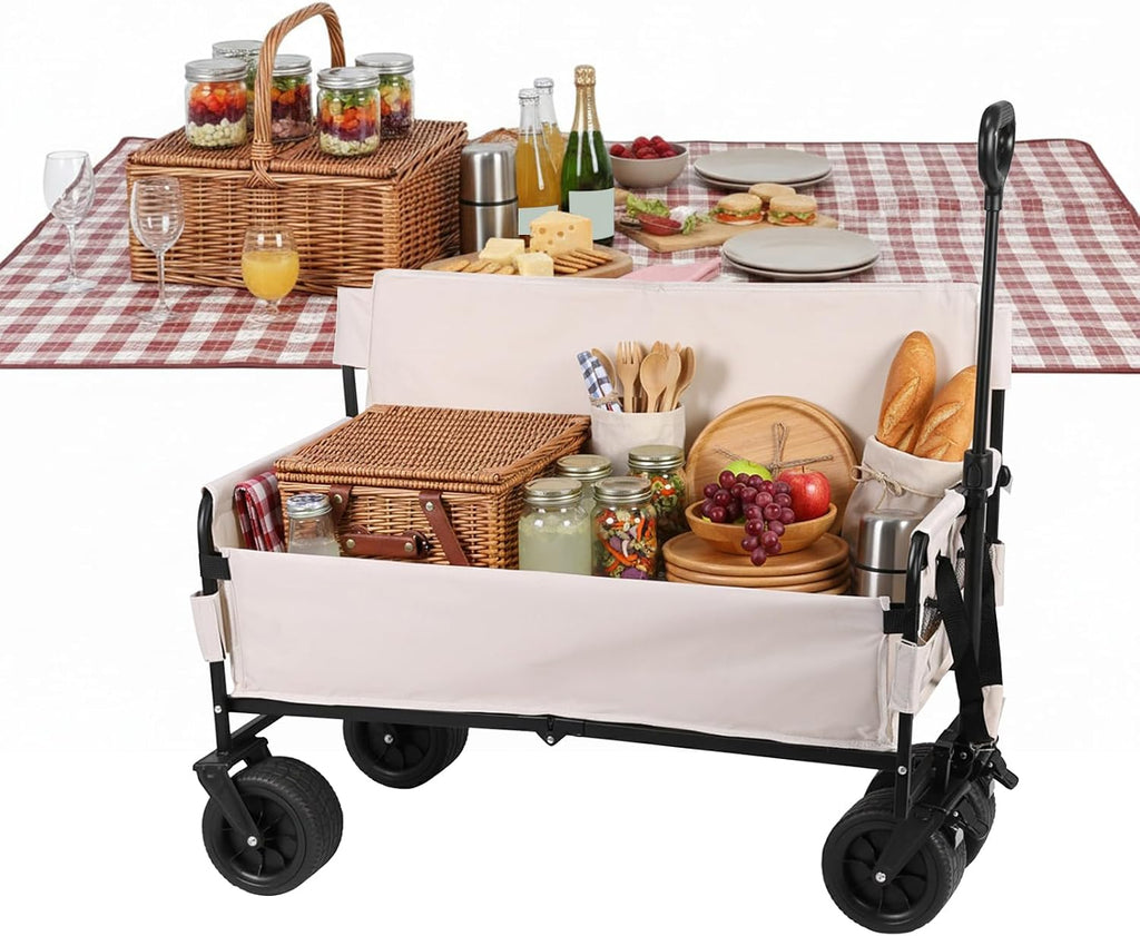Heavy-Duty 3-in-1 Collapsible Folding Wagon, Convert to Bench, Large Capacity Beach Wagon Cart with Wheels & Adjustable Handle, Outdoor Utility Wagon for Camping, Beach, Groceries, Sports, Shopping