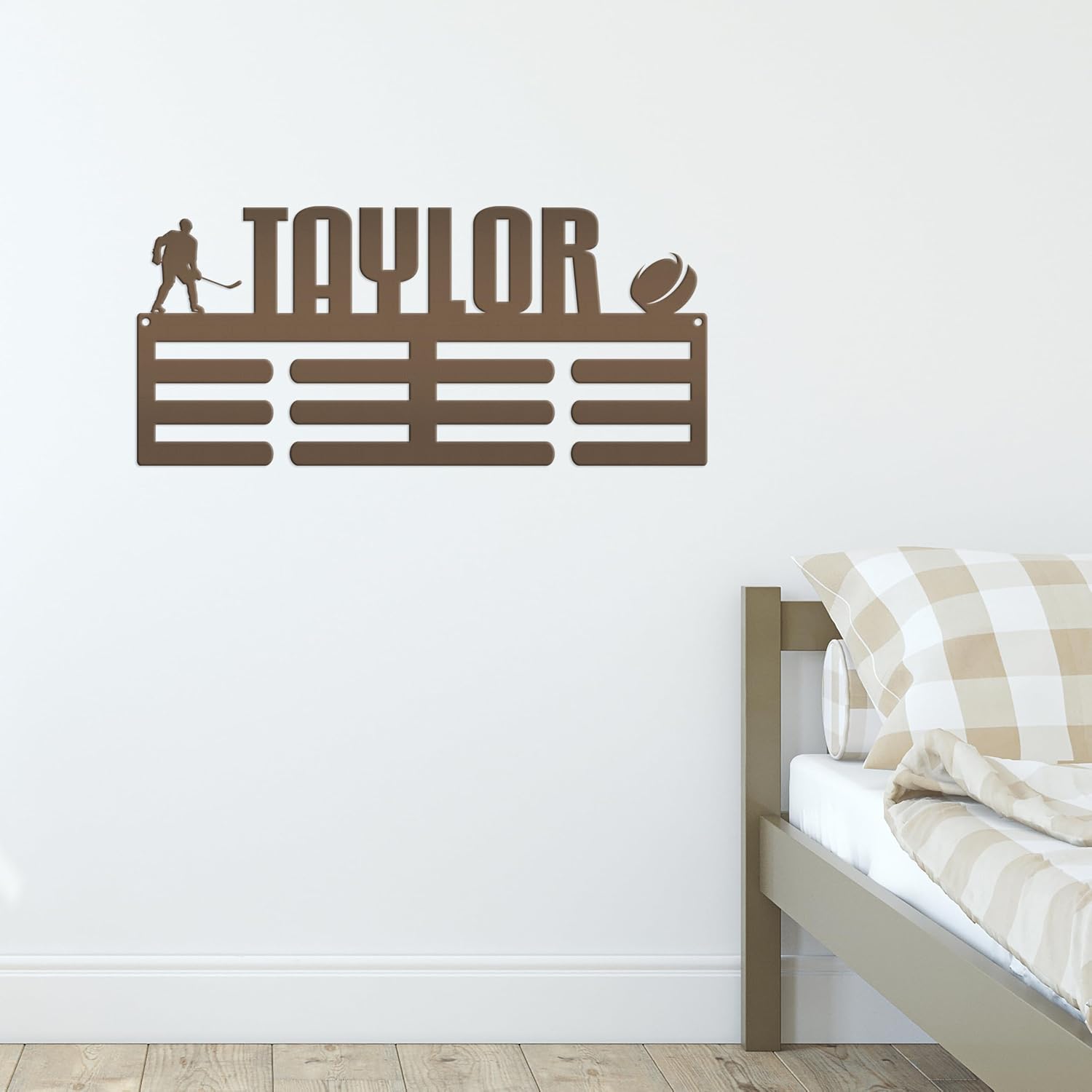 Hockey Medal Holder, Personalized Hockey Metal Awards Rack, Custom Name Sign, Unique Gift Idea, Sports Wall Hanger for Boys or Girls Bedroom (30 x 17 inches)