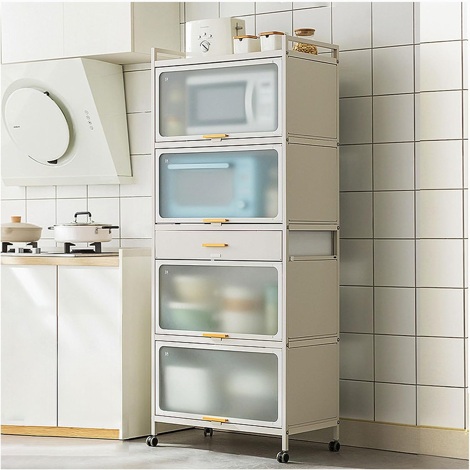 5 Tier Kitchen Bakers Rack with Flip Door Microwave Stand Drawer and Casters White 70×170cm Ideal for Home Office Storage & nization