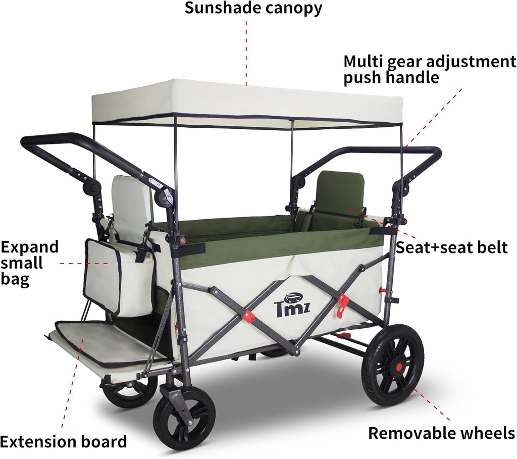 TMZ Collapsible Wagon with 2 Foldable Seats, Folding Wagon with Canopy, Multi Functional Cart with Adjustable Handle Bar, Front Expandable for Transport Camping (Green/Beige)