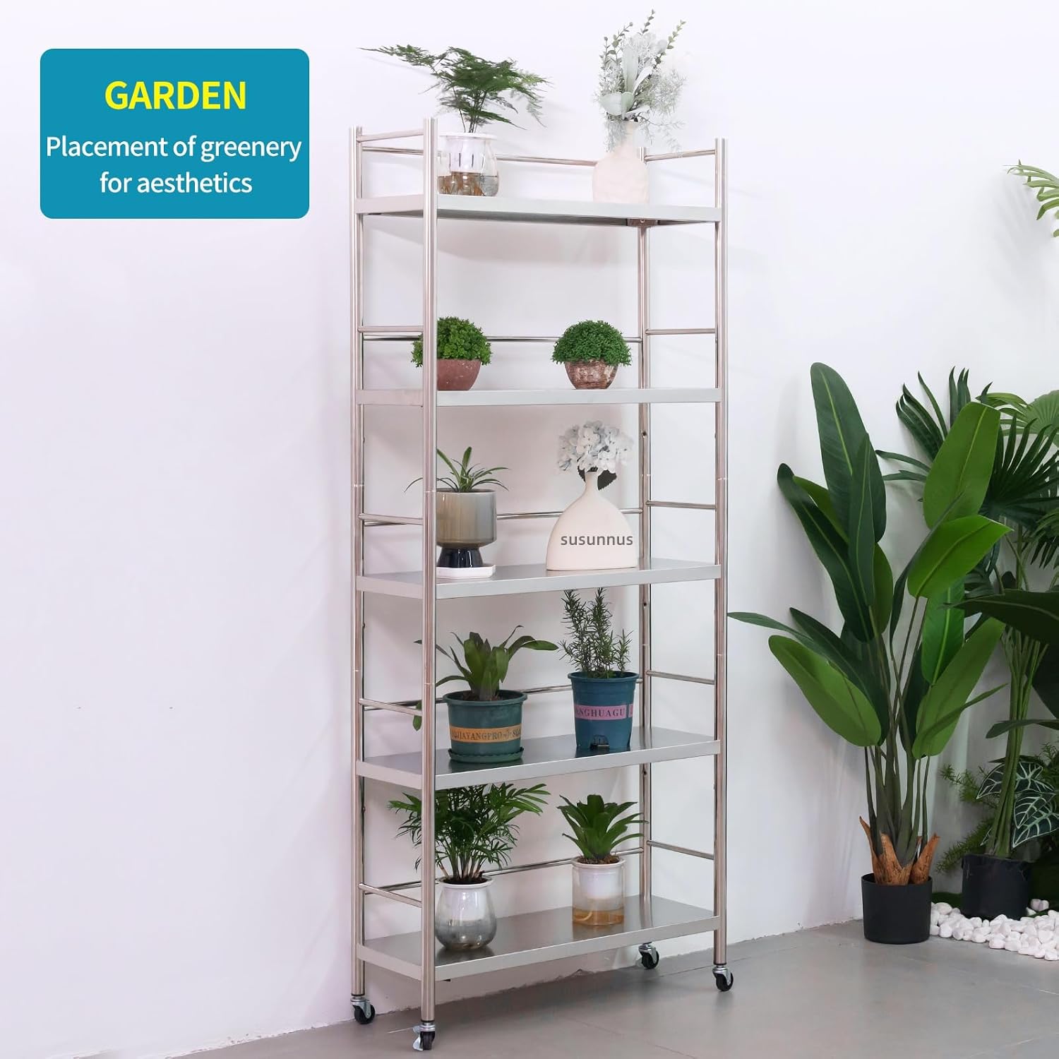 susunnus Stainless Steel Shelf,Shelves for Storage,Metal Kitchen,Garage Shelf,with Wheels,Rolling Shelves,Adjustable Height,Weight Capacity 440LB(27.6in*10.2in-5Twith guardrails)