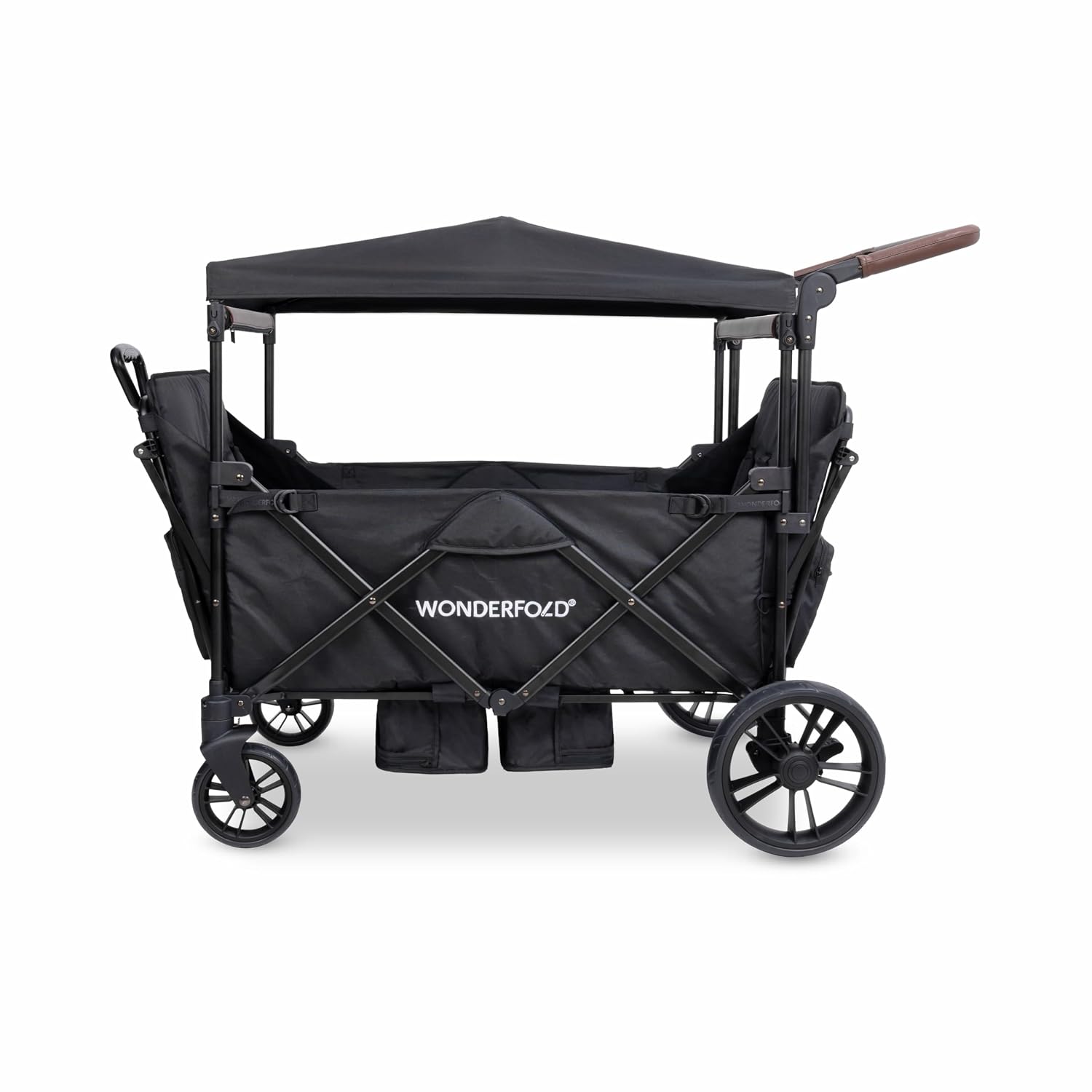 WONDERFOLD X4R Rev Stroller Wagon (4 Seater) - Collapsible Stroller Wagon with 5-Point Seatbelt Harnesses, Reclining Seats & Footwells, Black