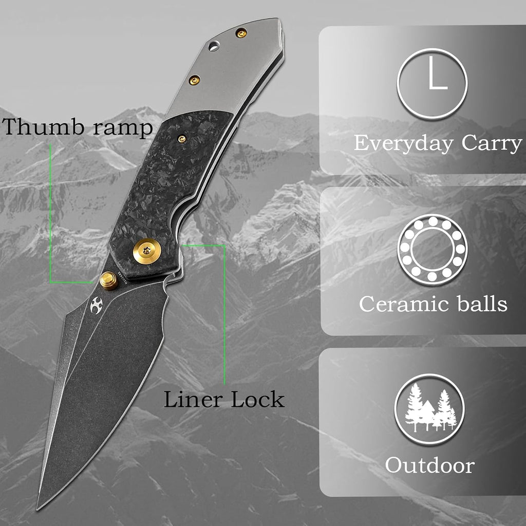 KANSEPT Fenrir Pocket Knife, 3.48' Blackwash CPM S35VN Harpoon Blade, Titanium Handle Shred Carbon Fiber Inlay, Thumb Stud & Liner Lock with Deep Clip EDC Knives for Camping Hunting Survival K1034A1