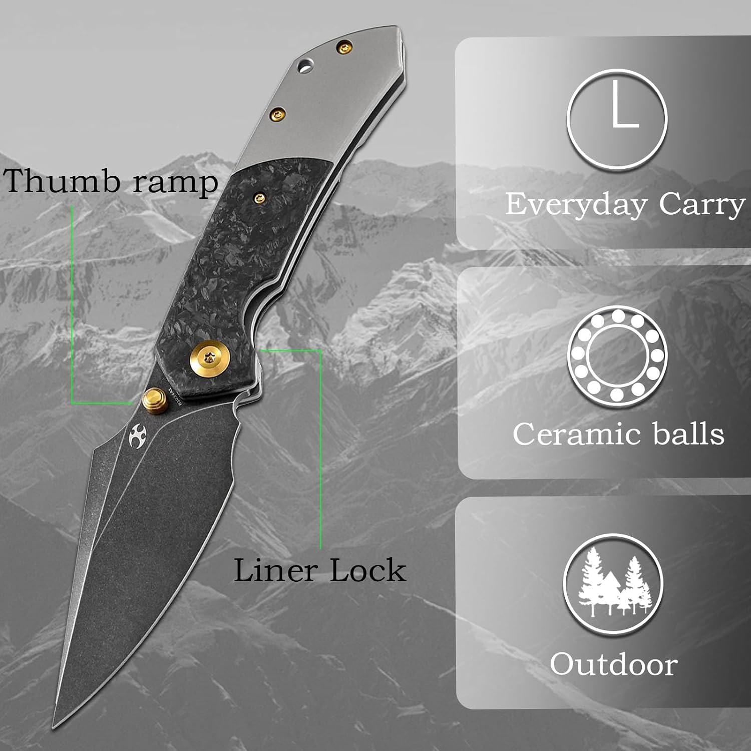 KANSEPT Fenrir Pocket Knife, 3.48' Blackwash CPM S35VN Harpoon Blade, Titanium Handle Shred Carbon Fiber Inlay, Thumb Stud & Liner Lock with Deep Clip EDC Knives for Camping Hunting Survival K1034A1
