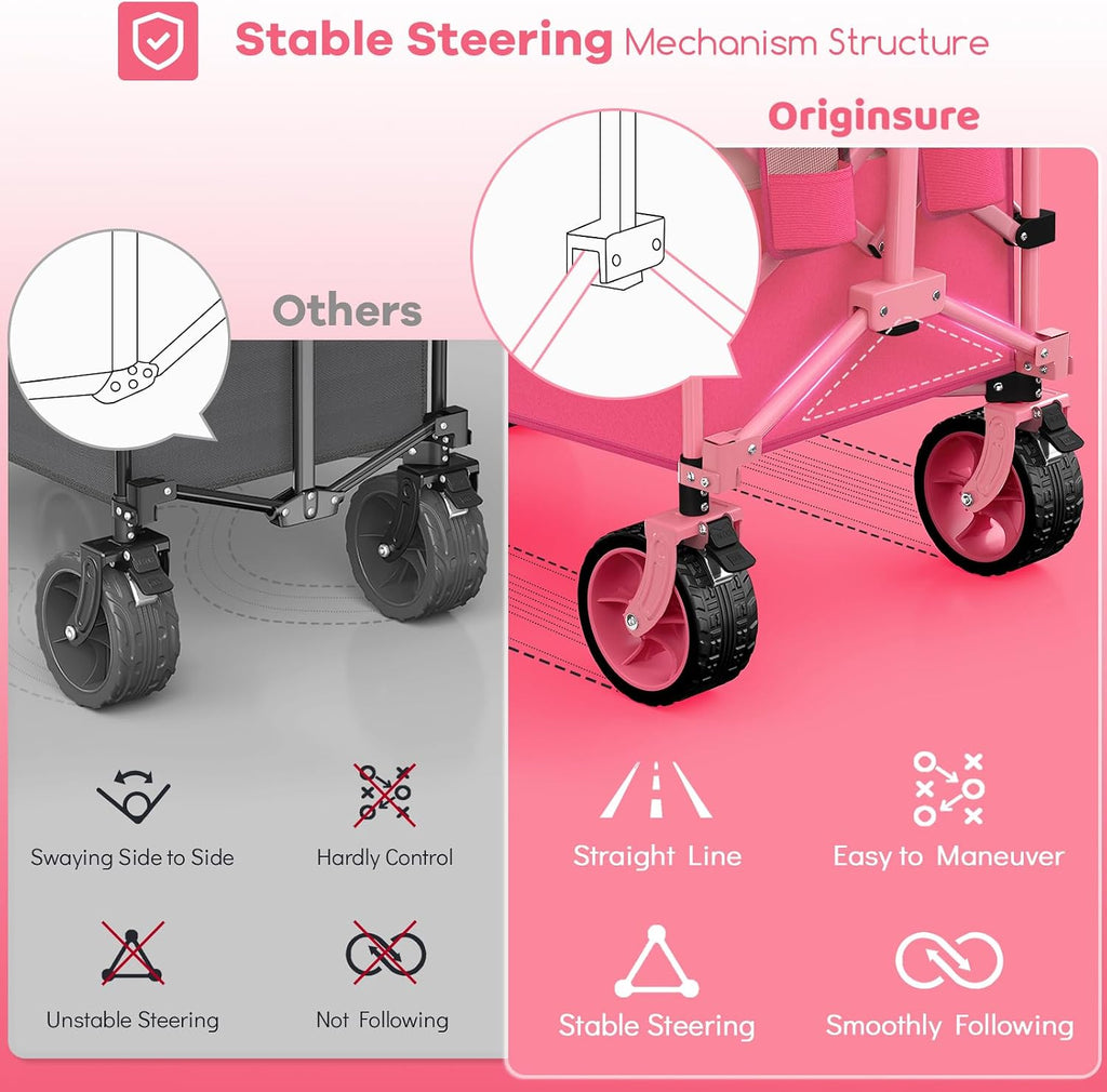 Originsure 220L Collapsible Wagon Cart Foldable, 460lbs Load Capacity Heavy Duty Folding Beach Wagons with Big All-Terrain Wheels, Utility Carts for Groceries, Camping, Sports - Pink