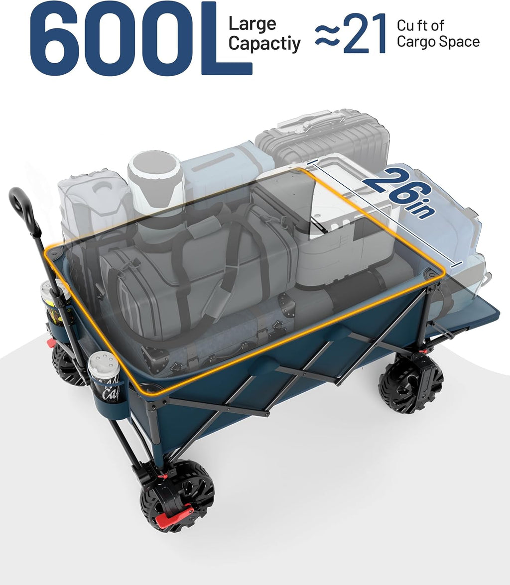 TIMBER RIDGE 600L Beast Wagon 26' W Extra Wide All Terrain Folding w/Big Wheels, Cargo Net & Tailgate, 26' W and 54.5' L, 400lbs Heavy Duty Collapsible Portable Cart for Camping, Sports, Dogs, Blue