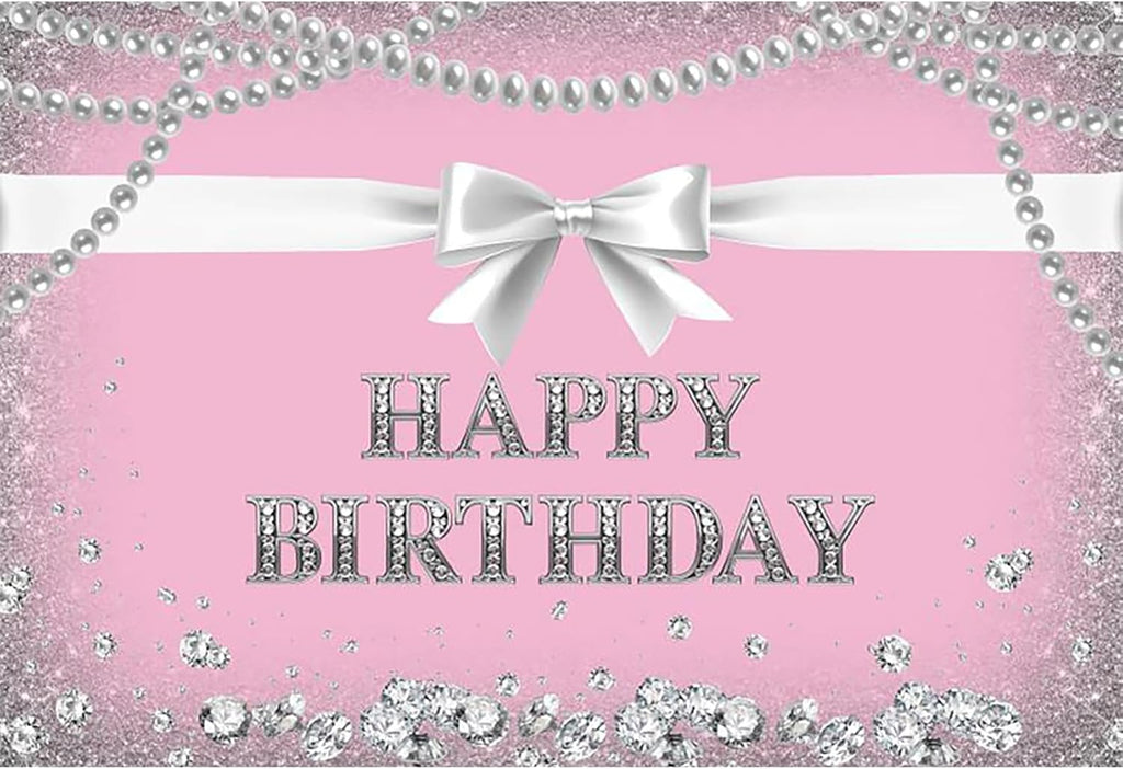 20x10ft Pink Happy Birthday Backdrop Photography Background Silver Bowknot Pearl Necklace Diamonds Backdrop Birthday Party Girls Princess Portrait Photo Studio Video Props