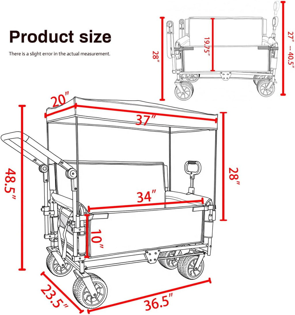 3-in-1 Folding Wagon Cart with Bench Seat & Canopy & Storage, 500lbs Heavy-Duty, 180L Capacity, All-Terrain Wagon for Camping, Beach, Sports, & Garden (Black)