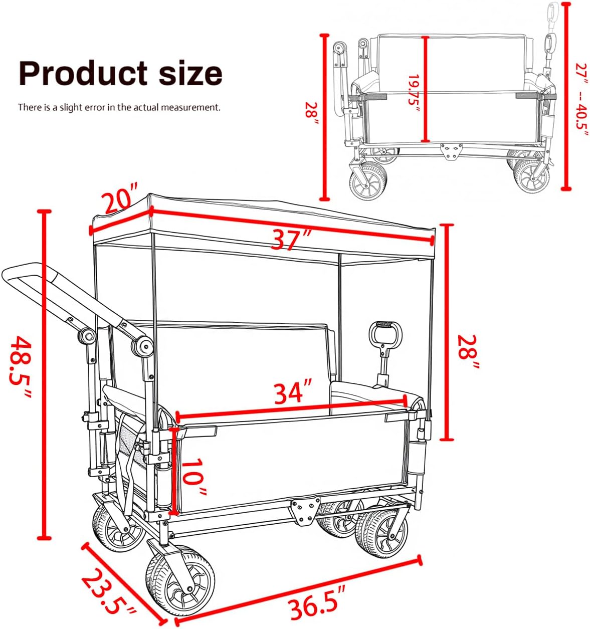 3-in-1 Folding Wagon Cart with Bench Seat & Canopy & Storage, 500lbs Heavy-Duty, 180L Capacity, All-Terrain Wagon for Camping, Beach, Sports, & Garden (Black)