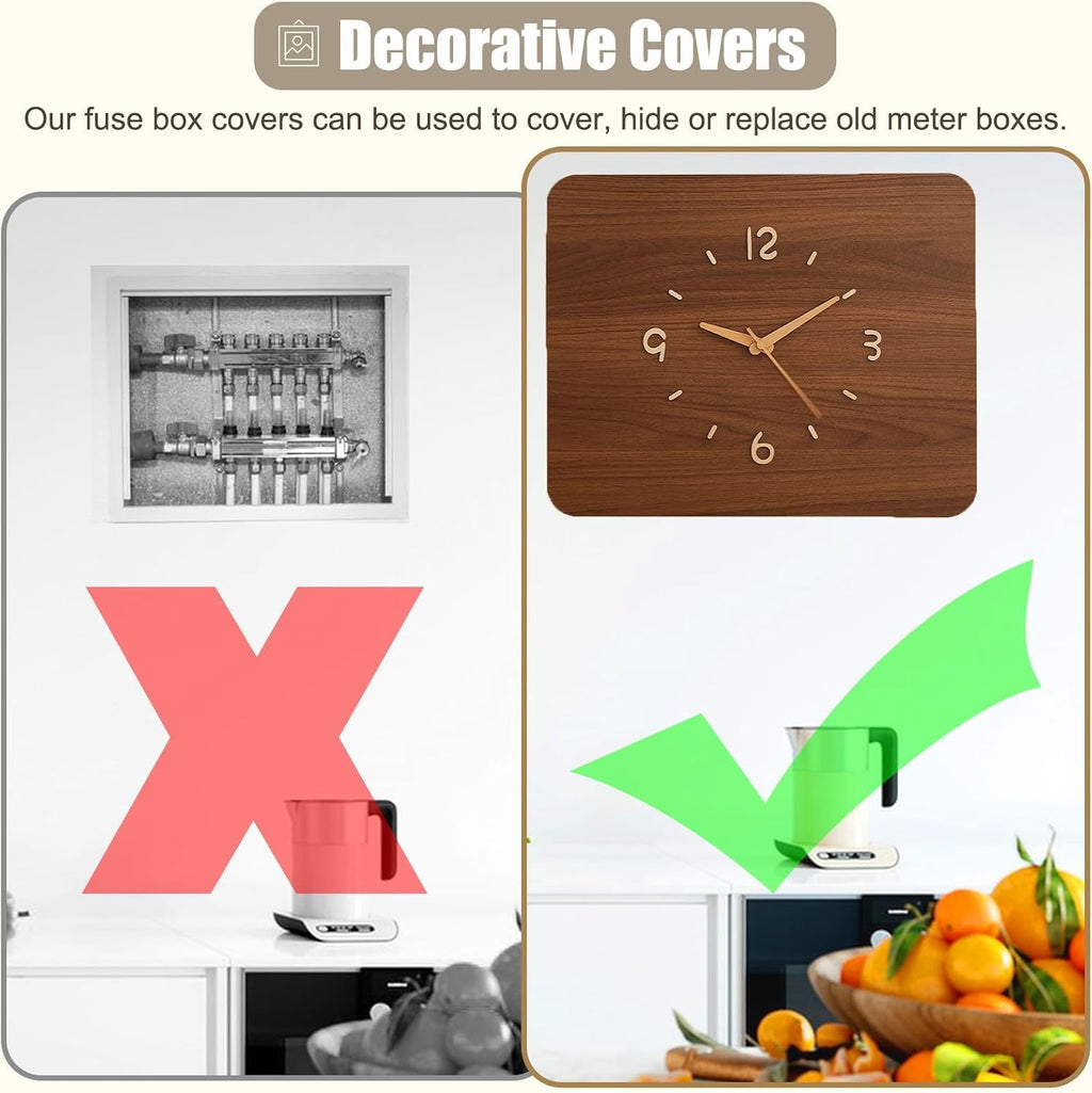 Wooden Electrical Panel Cover with Clock, Decorative Circuit Breaker Box Panel for Hide Wall/Home Decoration, Outside Water Meter Box Covers(32x22cm(12 5/8x8 5/8in))