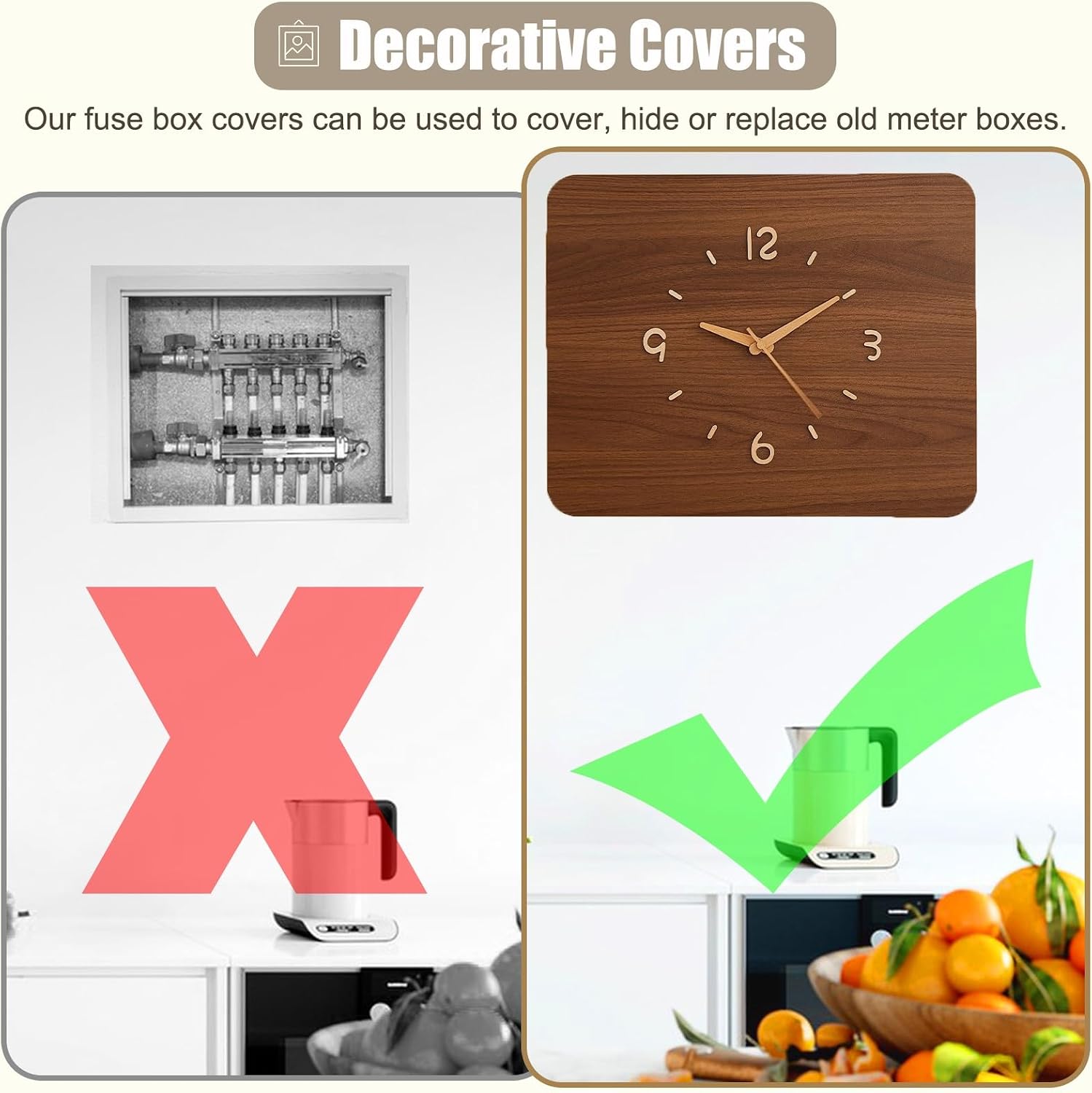 Wooden Electrical Panel Cover with Clock, Decorative Circuit Breaker Box Panel for Hide Wall/Home Decoration, Outside Water Meter Box Covers(32x22cm(12 5/8x8 5/8in))