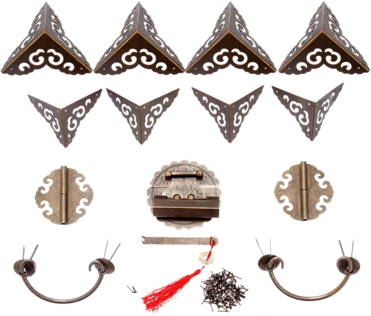 Hinges Heavy Duty Brass Chinese Decorative Hardware for Furniture Wooden Box Buckle Hasp Latch Lock Hinge Corner Protectors Handle Washers and Pins for Cabinets