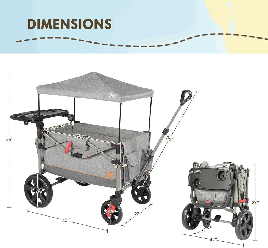 Busy Bee Foldable Wagon Stroller for 2 Kids, Push Pull Collapsible Kids Wagon with Adjustable Handle Bar, Removable Canopy, 5-Point Harness, Shock-Absorbing Wheels, Grey