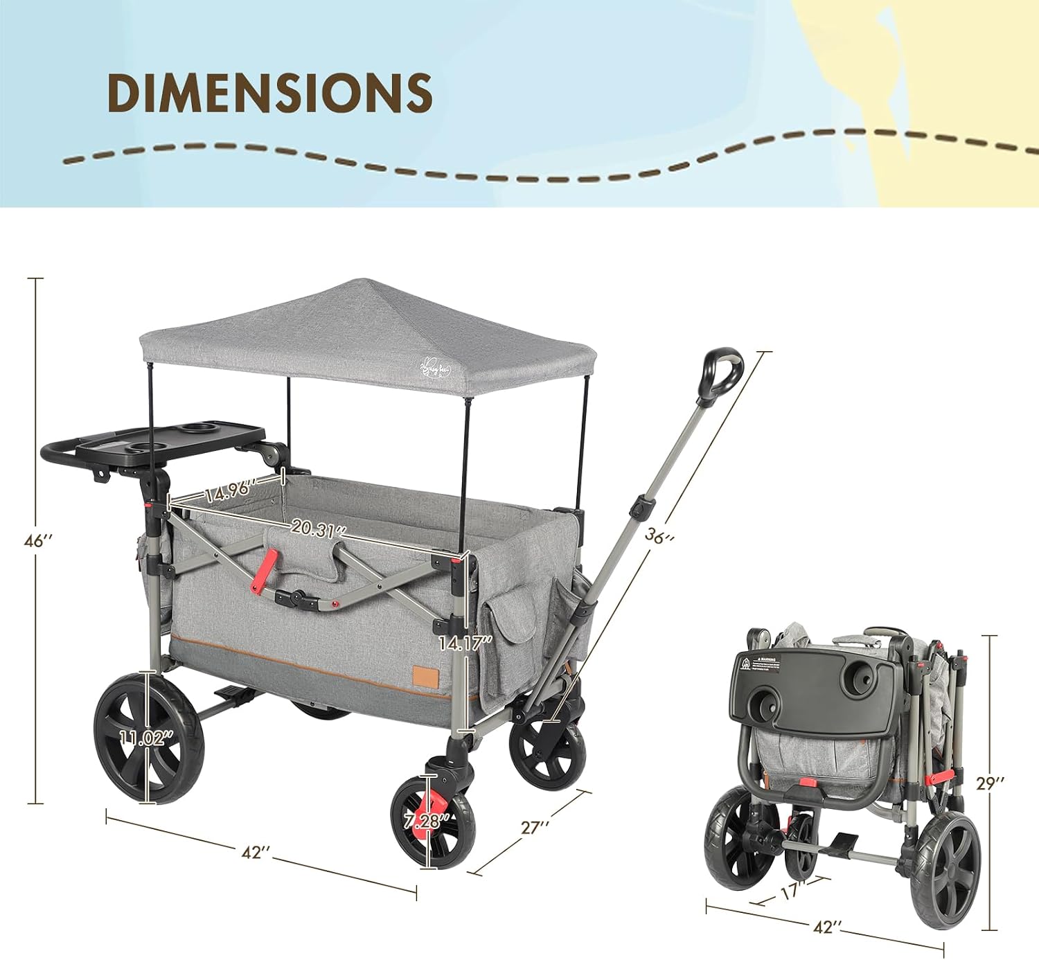 Busy Bee Foldable Wagon Stroller for 2 Kids, Push Pull Collapsible Kids Wagon with Adjustable Handle Bar, Removable Canopy, 5-Point Harness, Shock-Absorbing Wheels, Grey