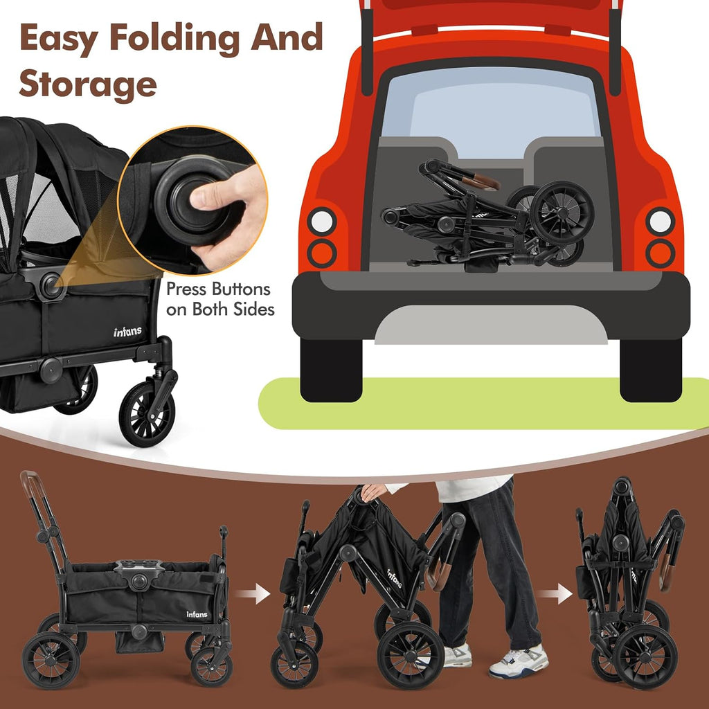 INFANS Wagon Stroller for 2 Kids, Collapsible Adjustable Push Pull Handle Bar, 2 Seater Stroller Wagon with Removable Canopy Snack Tray, Comfortable Drop-Down footwell and Upholstered Seats