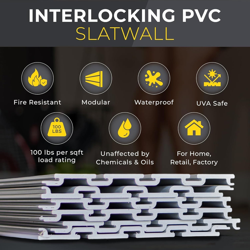 Heavy Duty 4x8 PVC Garage SlatWall Storage System (with Endcaps & Screws) - Modular Slat Wall Paneling for Garage Wall Organizer - Interlocking SlatWall Panels for Home & Commercial Use (Black)