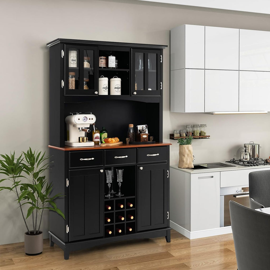 LOKO Kitchen Hutch Storage Cabinet, Sideboard Buffet Kitchen Cupboard with 4 Doors, 3 Drawers, 5 Adjustable Shelves and 9 Wine Grids, 44 x 17 x 72.5 inches (Black)