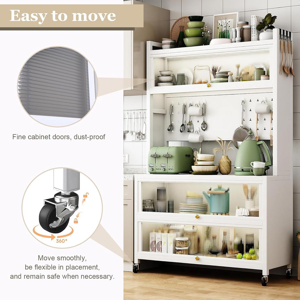 5 Tier Rolling Kitchen Bakers Rack with Locker Hole Board, 63.98x39.37x15.75inch Kitchen Pantry Cabinet Storage with Wheels Hooks, Farmhouse Coffee Bar Cabinet with Drawer Barn Doors