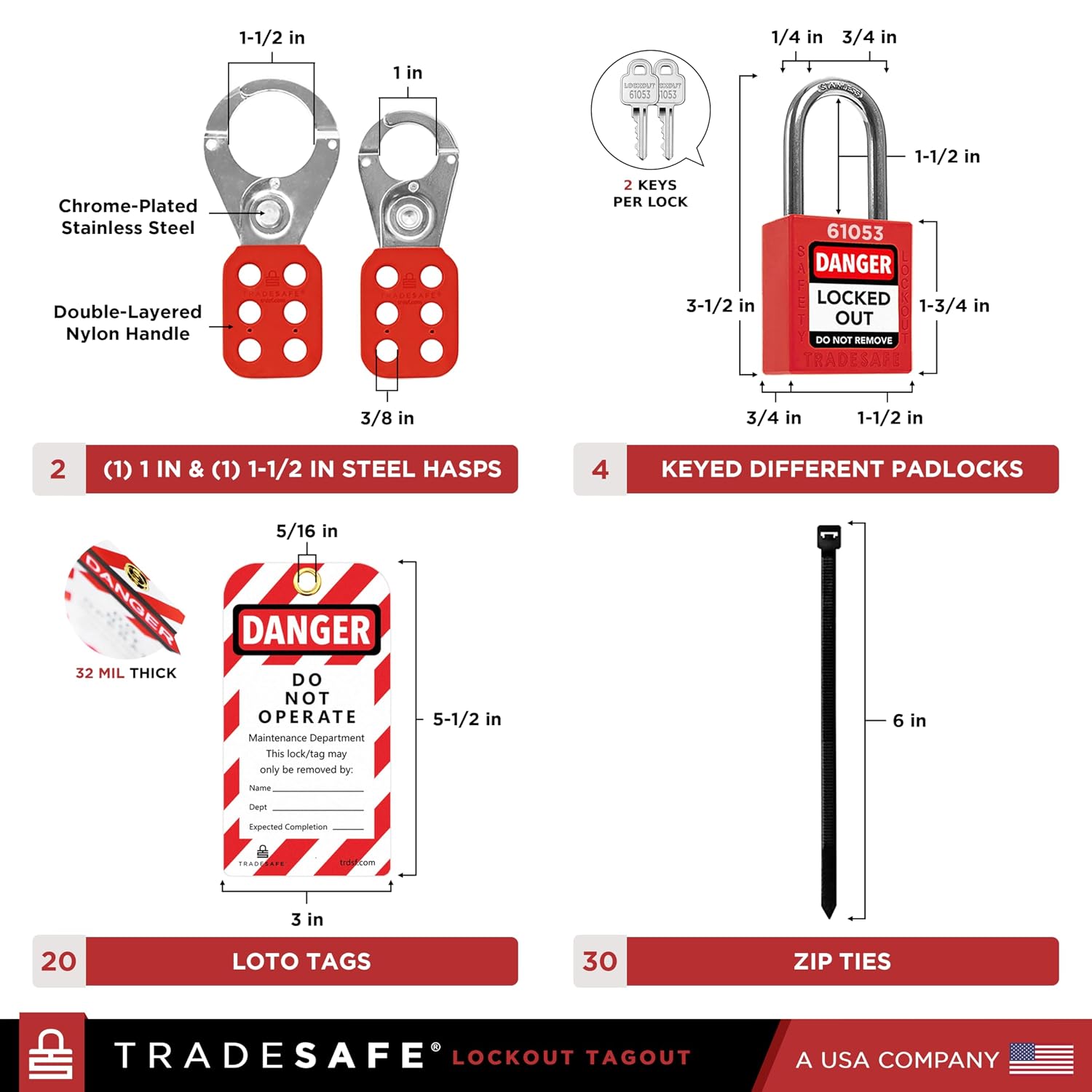 TRADESAFE Electrical Lockout Tagout Kit & Lockout Locks Bundle - Hasps, Clamp on and Universal Multipole Circuit Breaker Lockouts, Loto Tags, Plug Lockout, Loto Locks Set, 2 Keys Per Lock