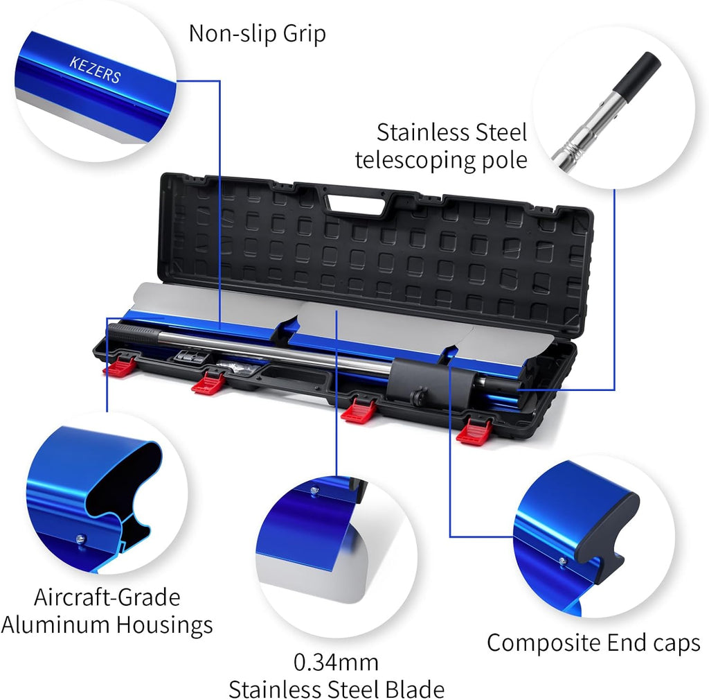 KEZERS Drywall Skimming Blade Set-7',10',14',16' & 24' Skimming Blades + 35'-81' Extension Handle, Stainless Steel Construction Knife,Smoothing Drywall Knife,Extruded Aluminum,High Impact End Caps