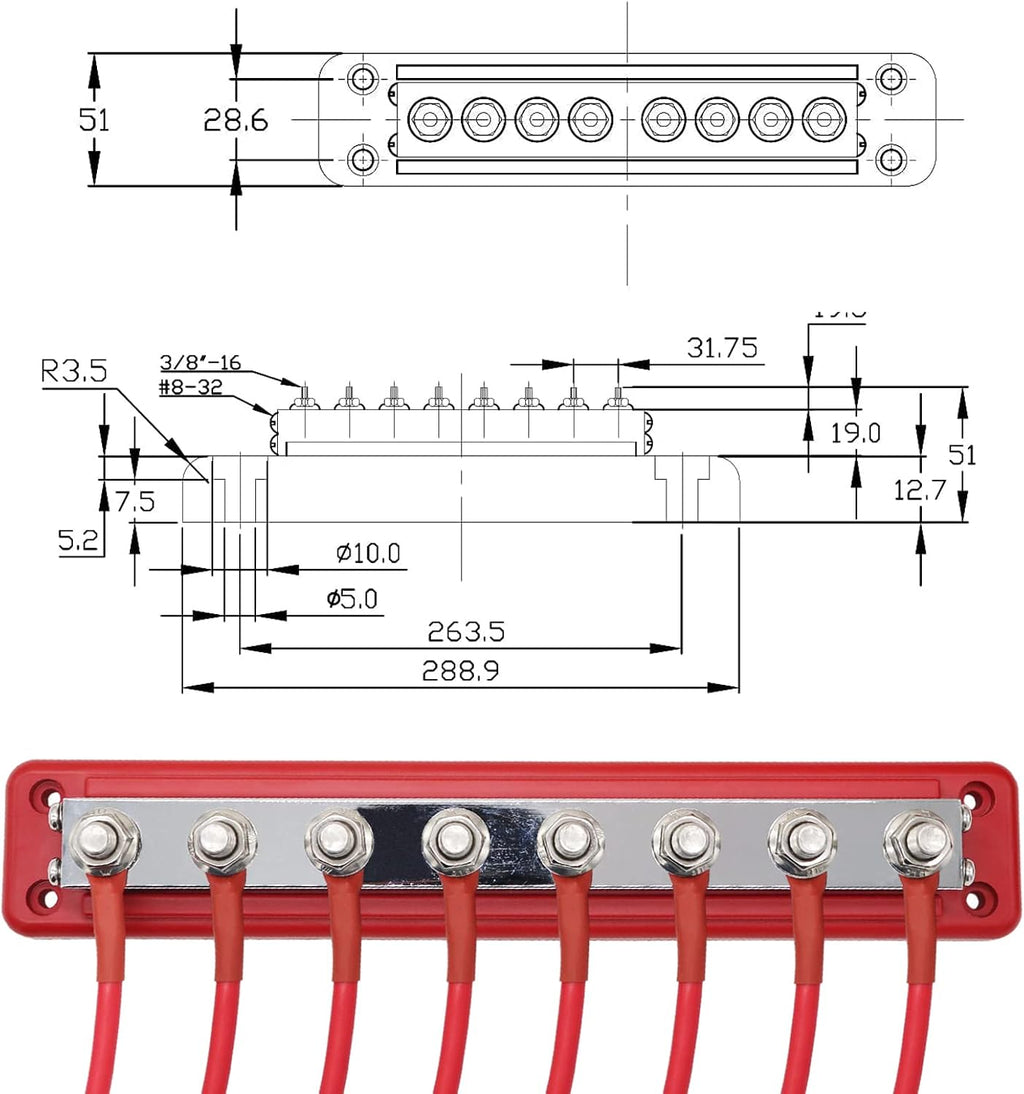 2 Pcs 600 A High Current Copper Bus Bar 300V AC / 48V DC 8 Way 3/8 inch (M10) Studs 8#8-32 Screws Electrical Terminal Ground Distribution Block Battery Buss Bars with Cover (Red & Black)