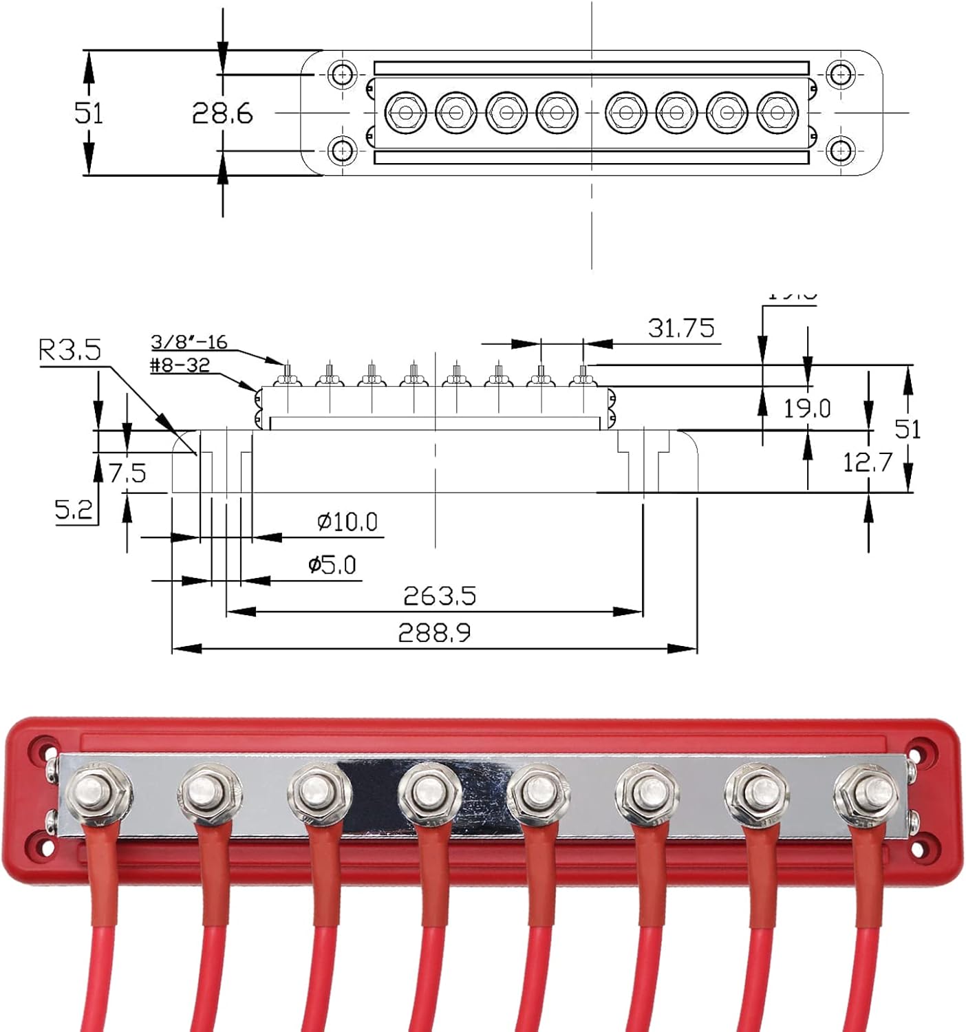 2 Pcs 600 A High Current Copper Bus Bar 300V AC / 48V DC 8 Way 3/8 inch (M10) Studs 8#8-32 Screws Electrical Terminal Ground Distribution Block Battery Buss Bars with Cover (Red & Black)